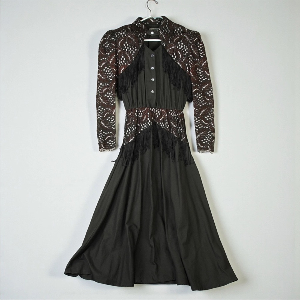 Vintage Lilia Smitty Western Maxi Dress Size 5/6 Black Fringe Rodeo Lace 80s